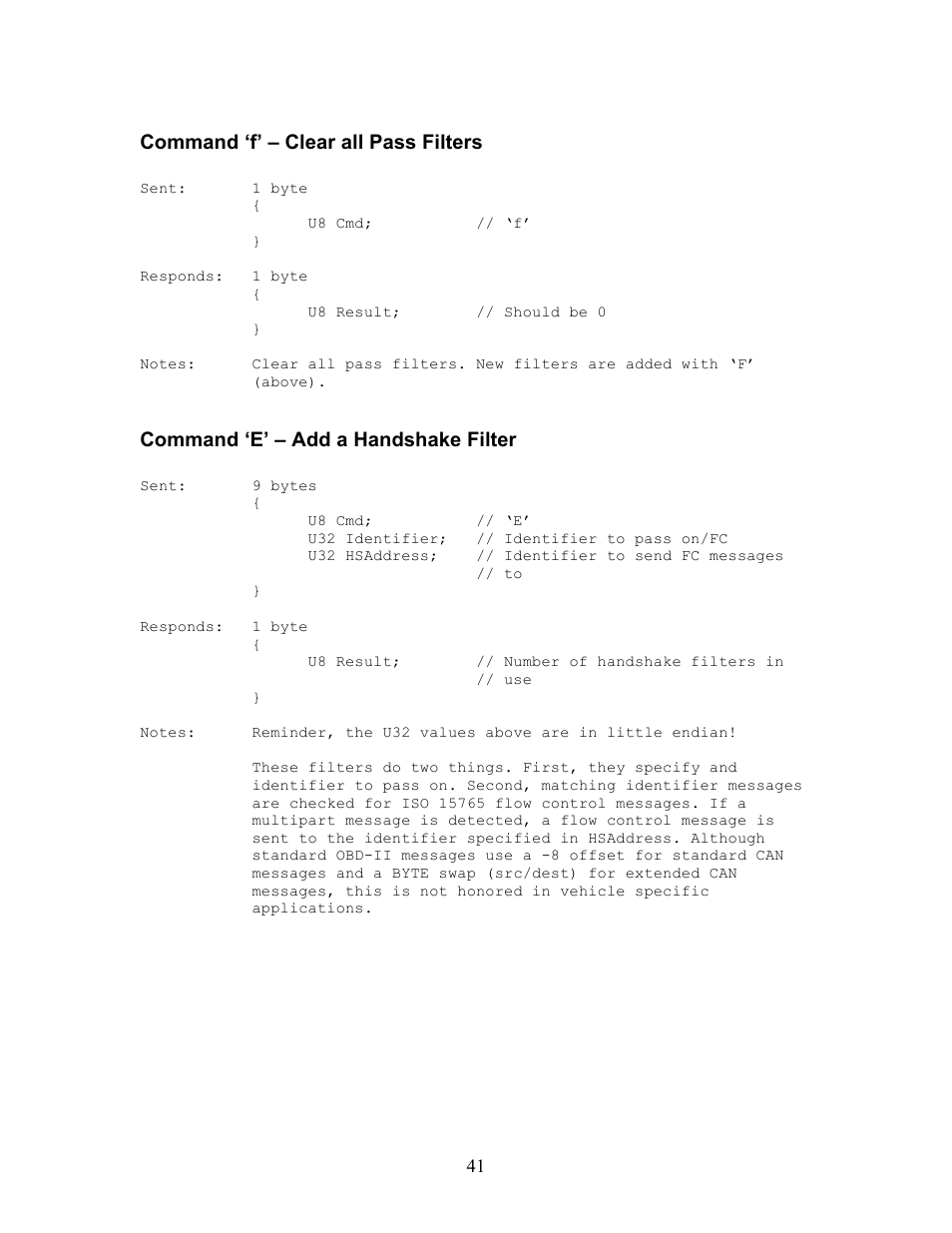 Command ‘f’ – clear all pass filters, Command ‘e’ – add a handshake filter | Innovate Motorsports OT-2 SDK User Manual | Page 41 / 76
