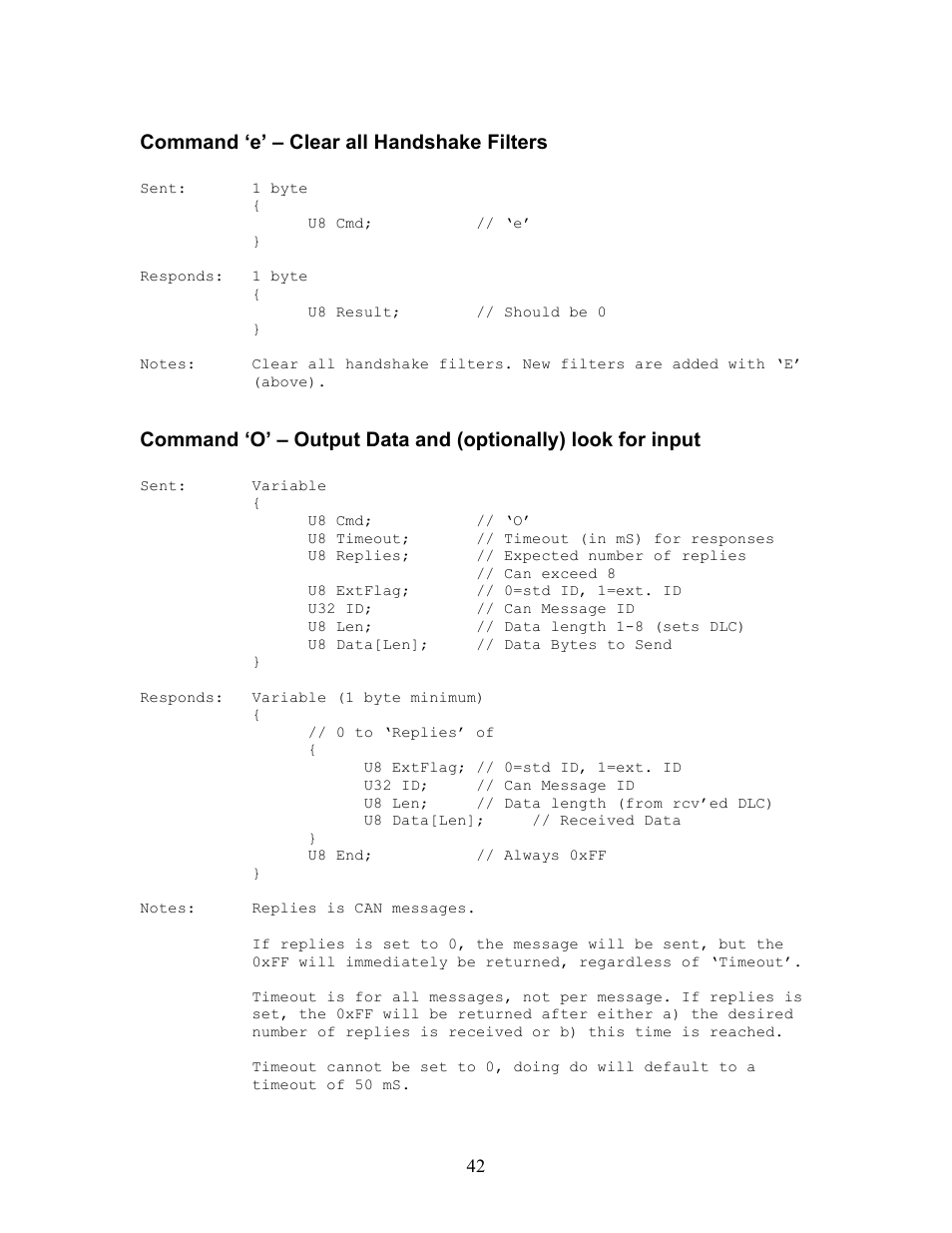 Command ‘e’ – clear all handshake filters | Innovate Motorsports OT-2 SDK User Manual | Page 42 / 76