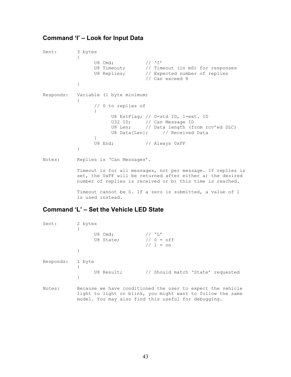 Command ‘i’ – look for input data, Command ‘l’ – set the vehicle led state | Innovate Motorsports OT-2 SDK User Manual | Page 43 / 76