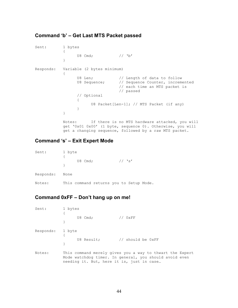 Command ‘b’ – get last mts packet passed, Command ‘s’ – exit expert mode, Command 0xff – don’t hang up on me | Innovate Motorsports OT-2 SDK User Manual | Page 44 / 76