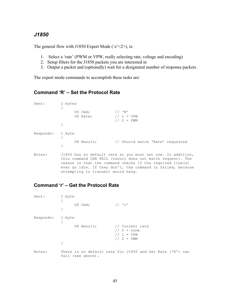 J1850, Command ‘r’ – set the protocol rate, Command ‘r’ – get the protocol rate | Innovate Motorsports OT-2 SDK User Manual | Page 45 / 76