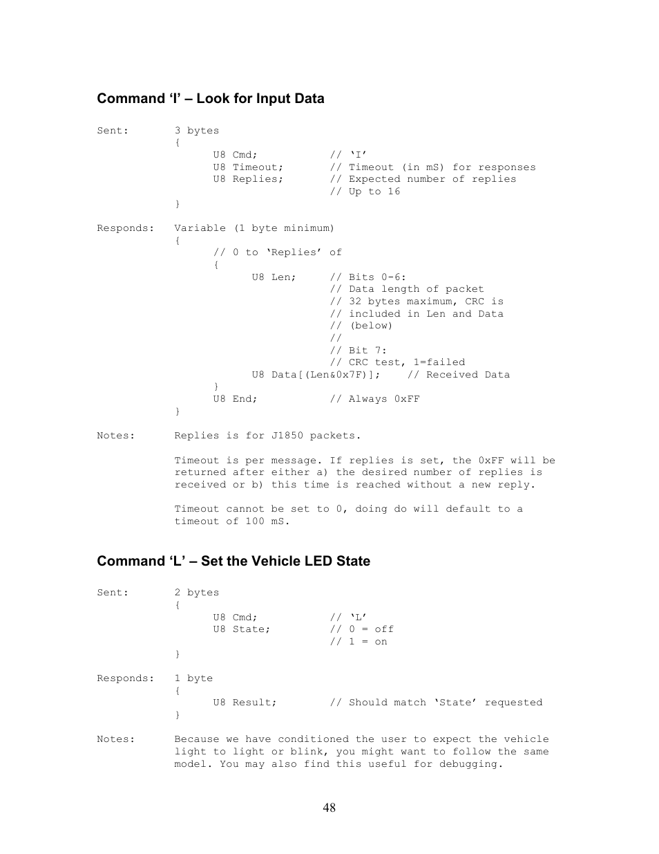 Command ‘i’ – look for input data, Command ‘l’ – set the vehicle led state | Innovate Motorsports OT-2 SDK User Manual | Page 48 / 76