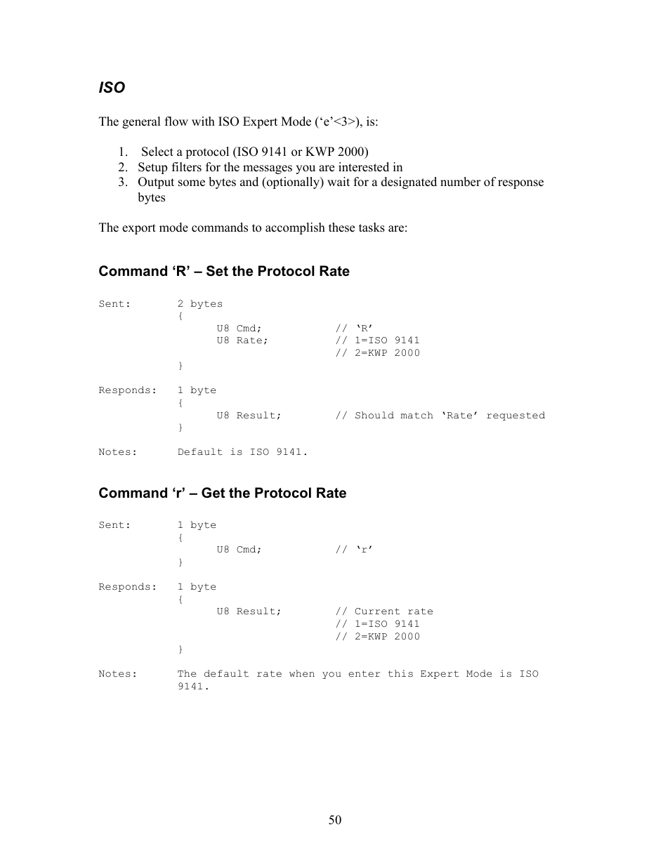 Command ‘r’ – set the protocol rate, Command ‘r’ – get the protocol rate | Innovate Motorsports OT-2 SDK User Manual | Page 50 / 76