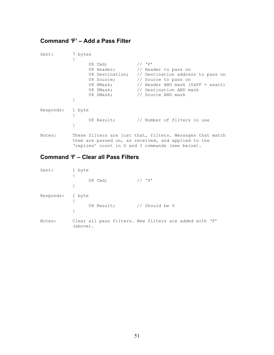 Command ‘f’ – add a pass filter, Command ‘f’ – clear all pass filters | Innovate Motorsports OT-2 SDK User Manual | Page 51 / 76