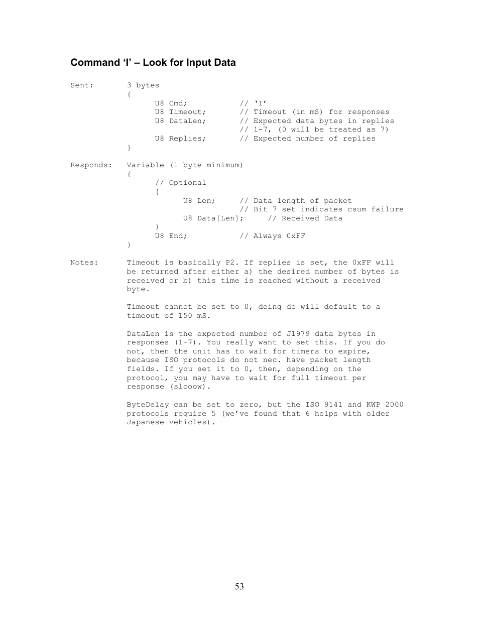 Command ‘i’ – look for input data | Innovate Motorsports OT-2 SDK User Manual | Page 53 / 76