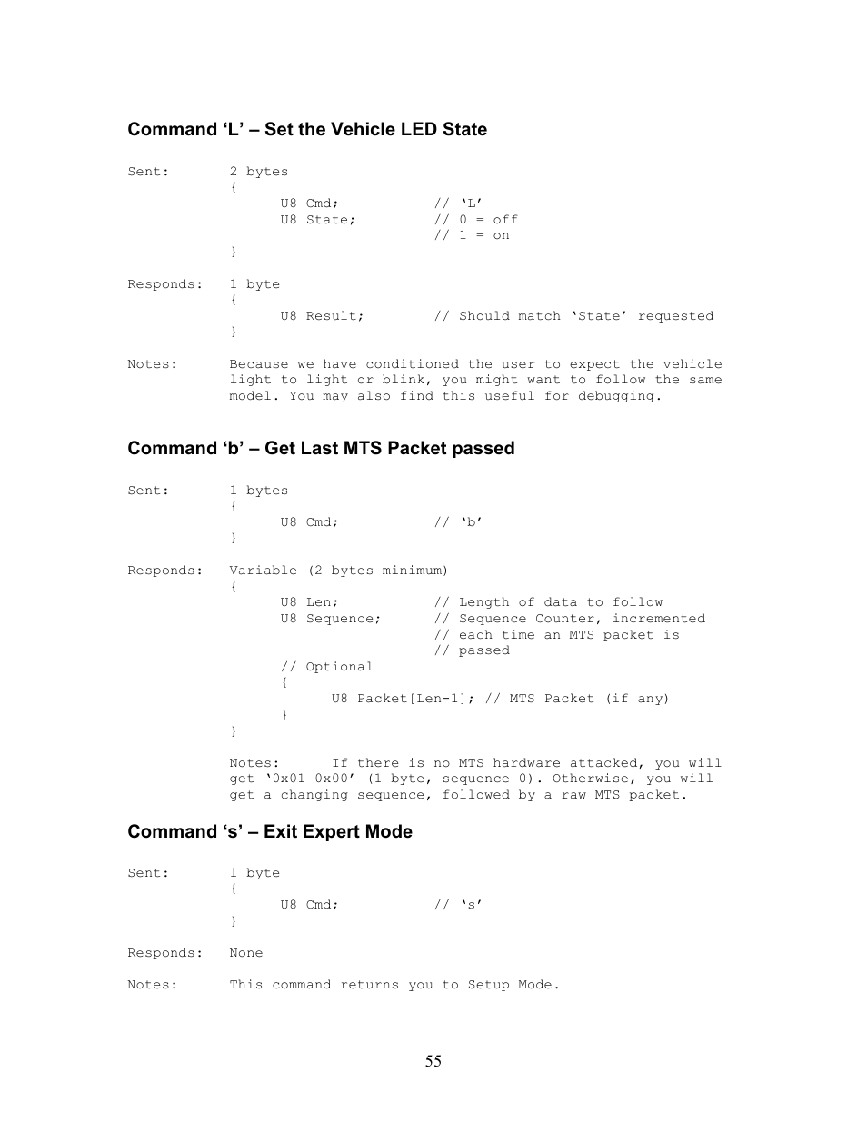 Command ‘l’ – set the vehicle led state, Command ‘b’ – get last mts packet passed, Command ‘s’ – exit expert mode | Innovate Motorsports OT-2 SDK User Manual | Page 55 / 76