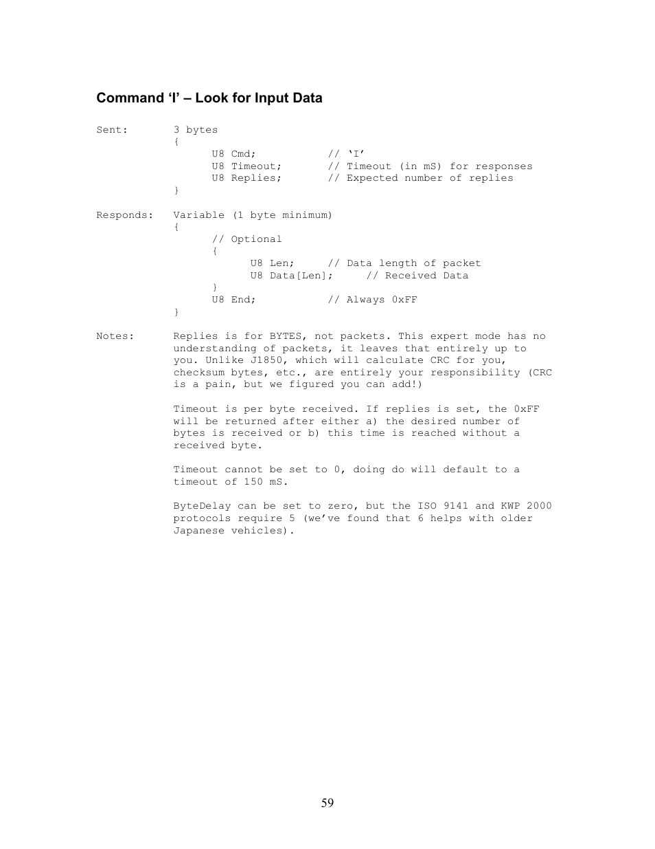 Command ‘i’ – look for input data | Innovate Motorsports OT-2 SDK User Manual | Page 59 / 76