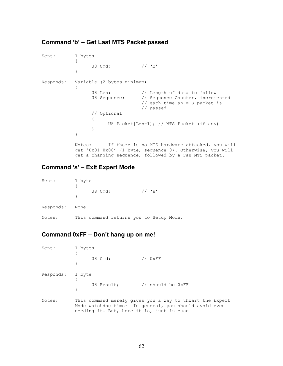 Command ‘b’ – get last mts packet passed, Command ‘s’ – exit expert mode, Command 0xff – don’t hang up on me | Innovate Motorsports OT-2 SDK User Manual | Page 62 / 76