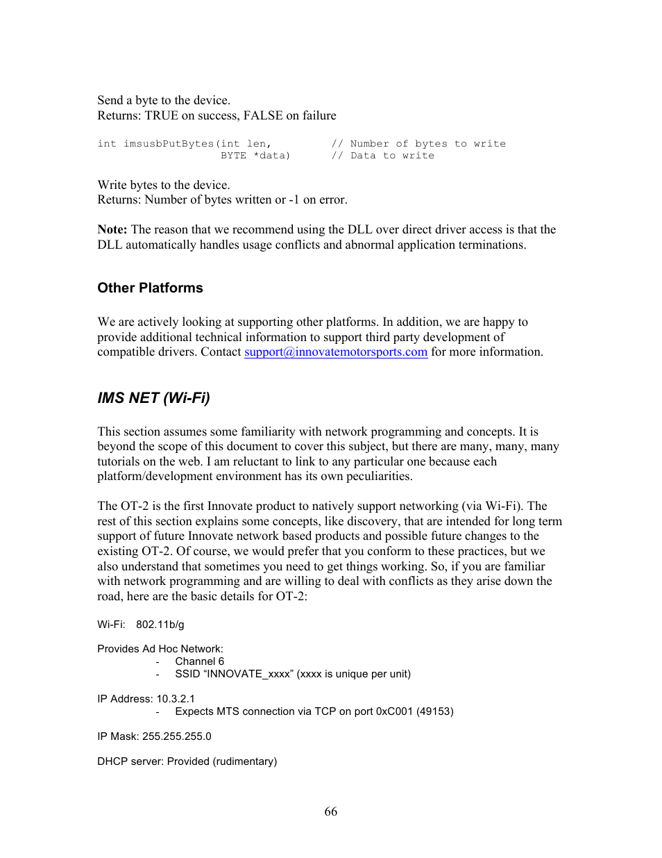 Ims net (wi-fi), Other platforms | Innovate Motorsports OT-2 SDK User Manual | Page 66 / 76