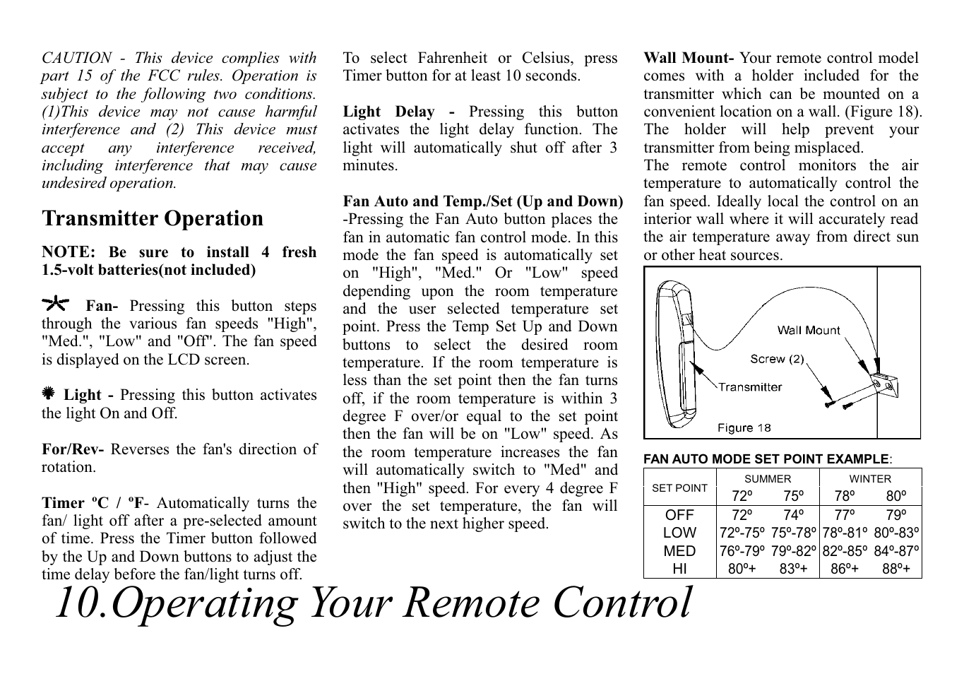 Operating your remote control, Transmitter operation | King of Fans Covington User Manual | Page 12 / 16