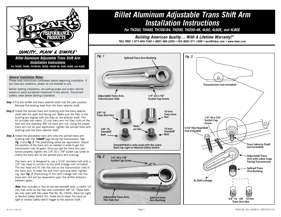 Lokar 4L80E Billet Aluminum Adjustable Trans Shift Arm User Manual | 1 page