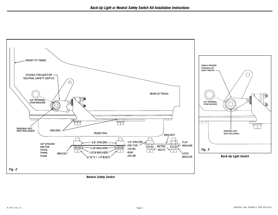 Lokar Back-Up Light or Neutral Safety Switch Kit User Manual | Page 2 / 2