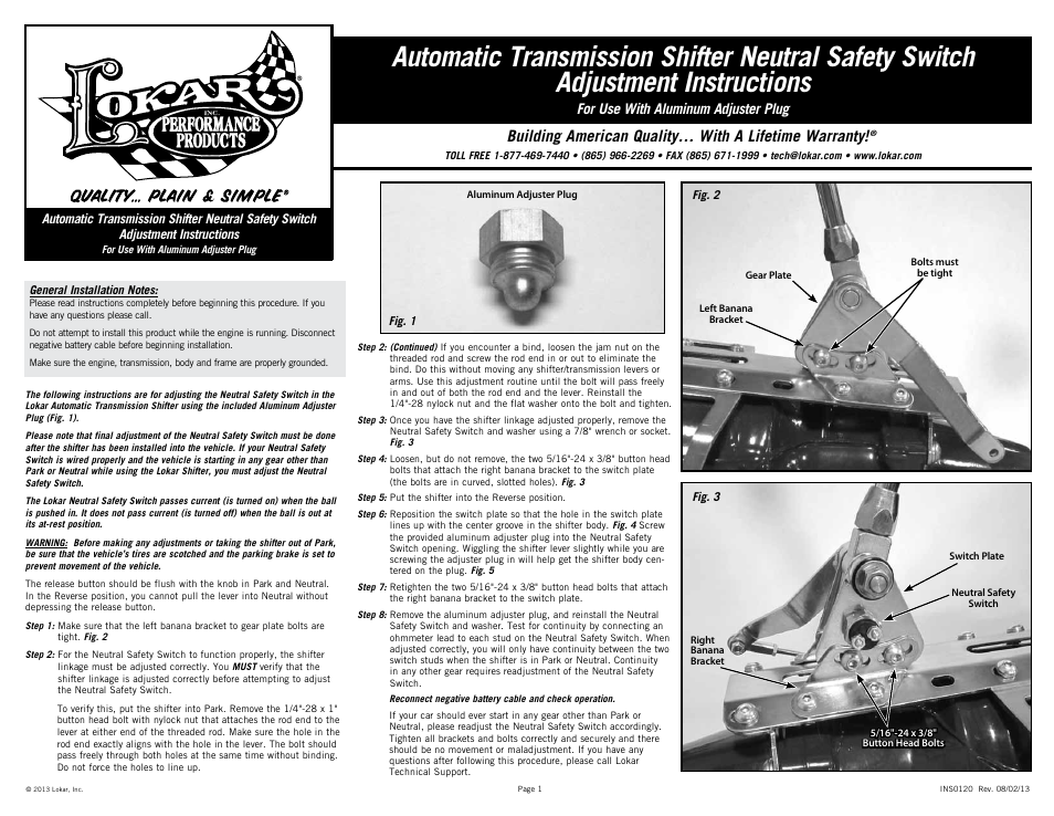 Lokar Automatic Transmission Shifter Neutral Safety Switch User Manual | 2 pages