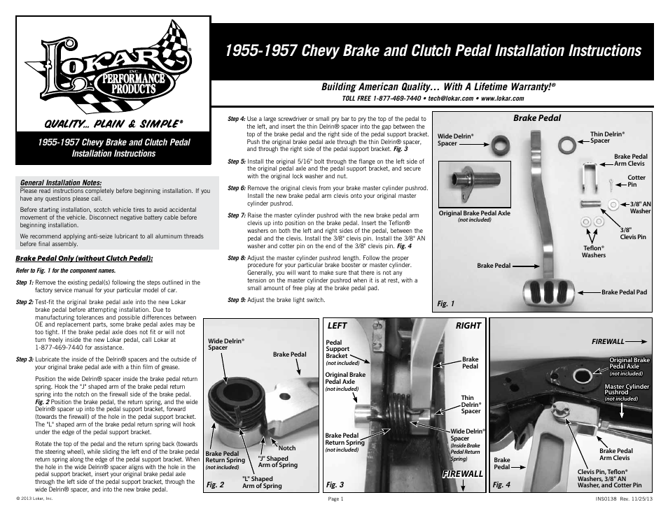 Lokar Brake and Clutch Pedal 1955-1957 Chevy User Manual | 2 pages