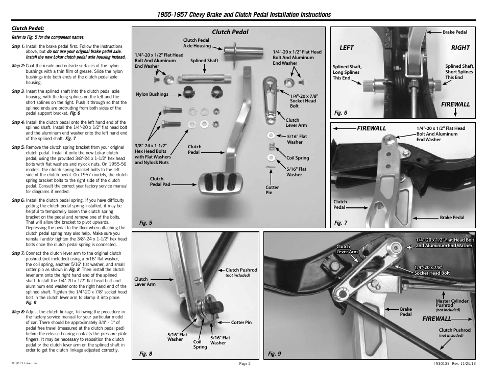 Clutch pedal left right firewall firewall firewall | Lokar Brake and Clutch Pedal 1955-1957 Chevy User Manual | Page 2 / 2