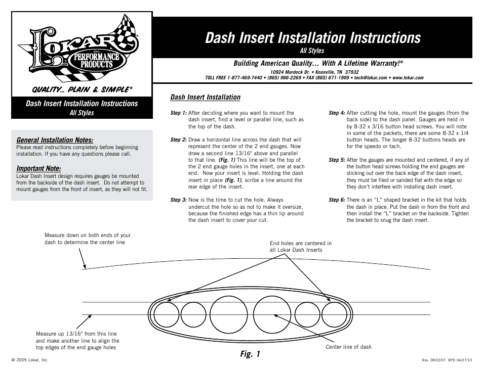 Lokar Dash Insert User Manual | 1 page