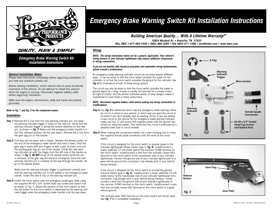 Lokar Emergency Brake Warning Switch Kit User Manual | 2 pages