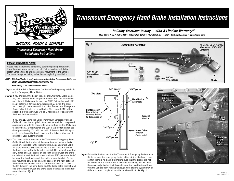 Lokar Transmount Emergency Hand Brake User Manual | 1 page