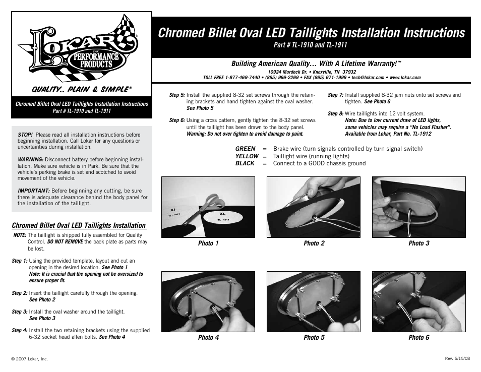 Lokar TL-1911 Chromed Billet Oval LED Taillights User Manual | 1 page