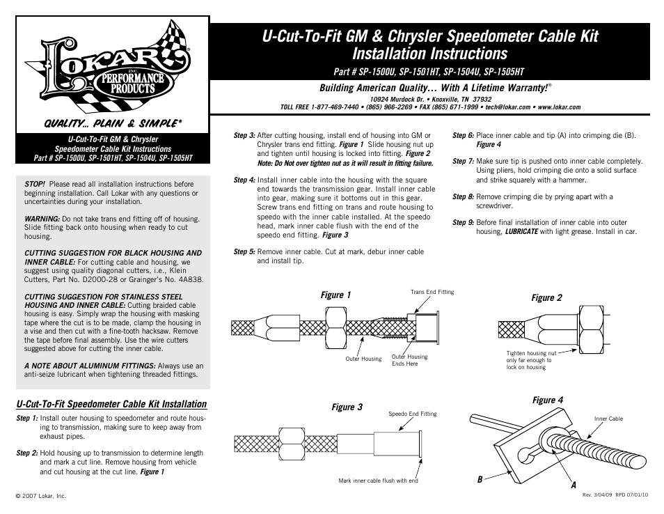 Lokar SP-1504U U-Cut-To-Fit GM & Chrysler Speedometer Cable Kit User Manual | 1 page
