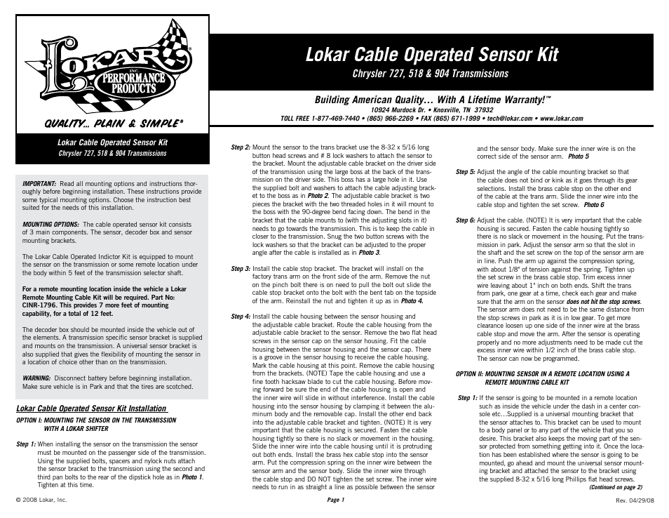 Lokar Cable Operated Sensor Kit-Chrysler User Manual | 4 pages