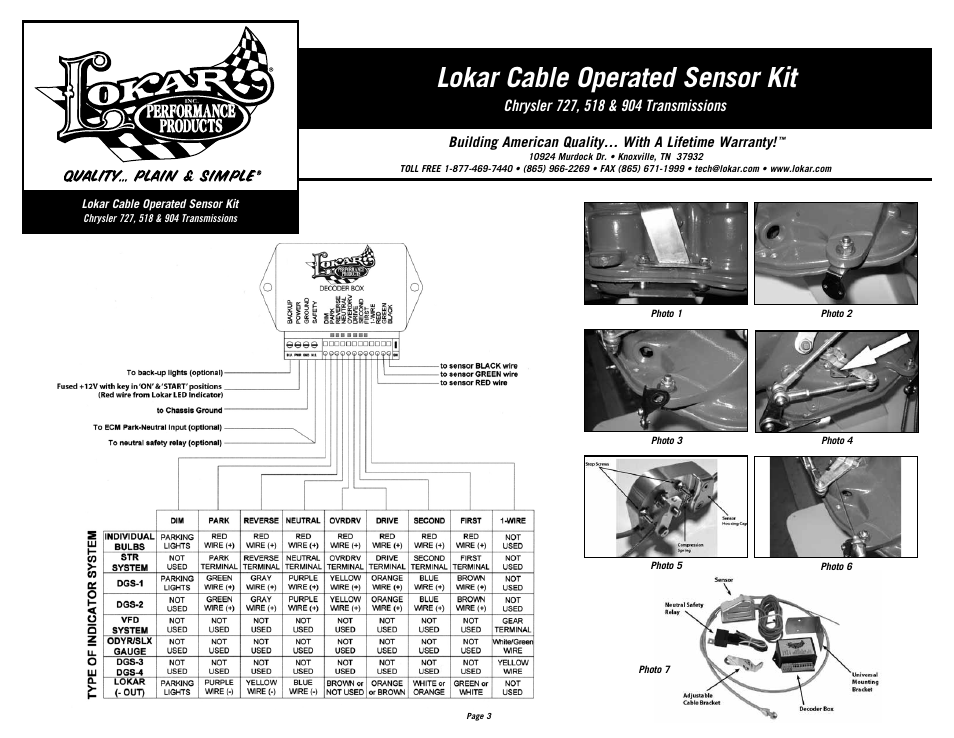 Lokar cable operated sensor kit | Lokar Cable Operated Sensor Kit-Chrysler User Manual | Page 3 / 4