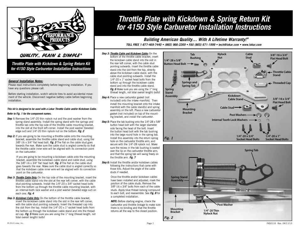 Lokar Throttle Plate with Kickdown & Spring Return Kit for 4150 Style Carburetor User Manual | 2 pages