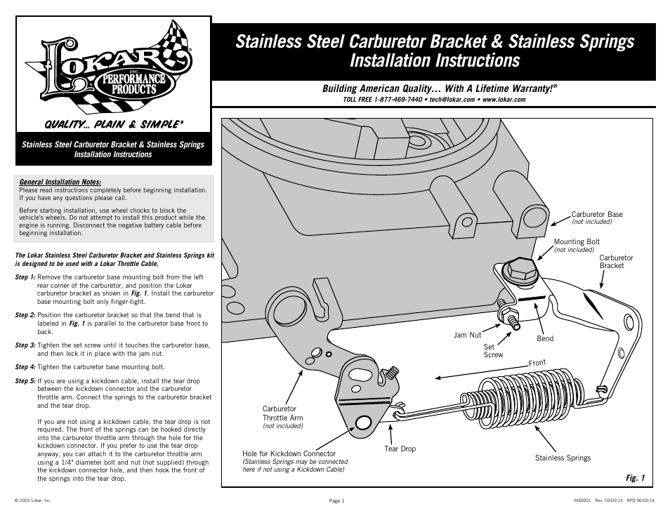 Lokar Stainless Steel Carburetor Bracket & Stainless Springs User Manual | 1 page