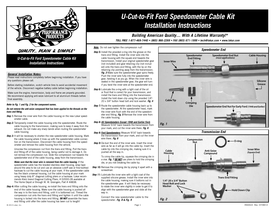 Lokar U-Cut-to-Fit Ford Speedometer Cable Kit User Manual | 2 pages