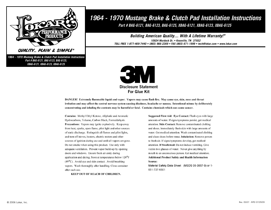 Lokar Brake & Clutch Pad For 1964 - 1970 Mustang User Manual | Page 2 / 2
