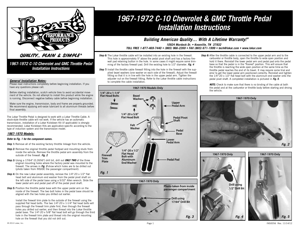 Lokar Throttle Pedal For 1967-1972 C-10 Chevrolet & GMC User Manual | 2 pages
