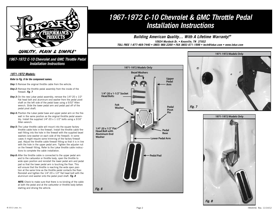 Lokar Throttle Pedal For 1967-1972 C-10 Chevrolet & GMC User Manual | Page 2 / 2