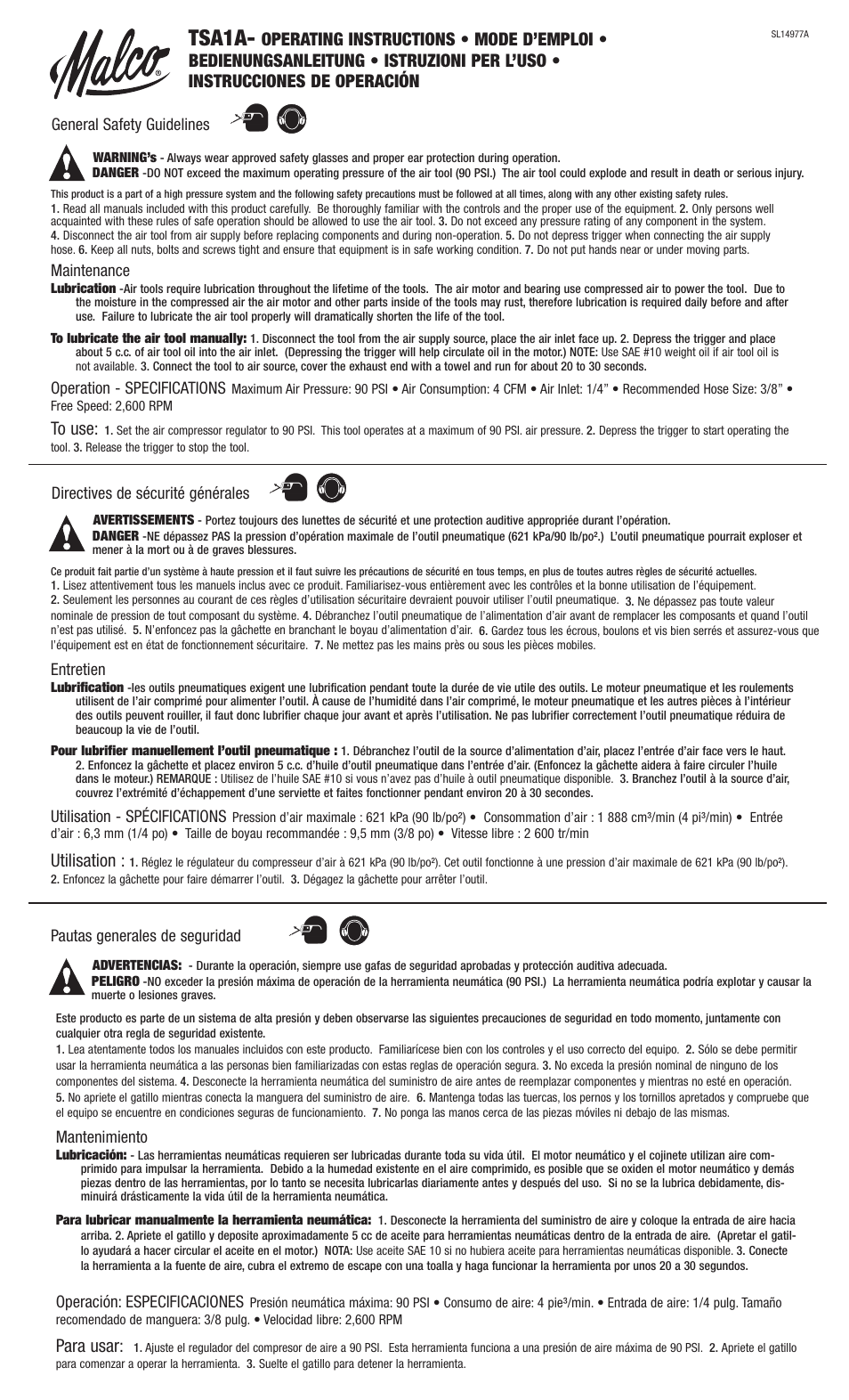 Malco TSA1A 16-Gauge Metal-Cutting Air TurboShear User Manual | 1 page