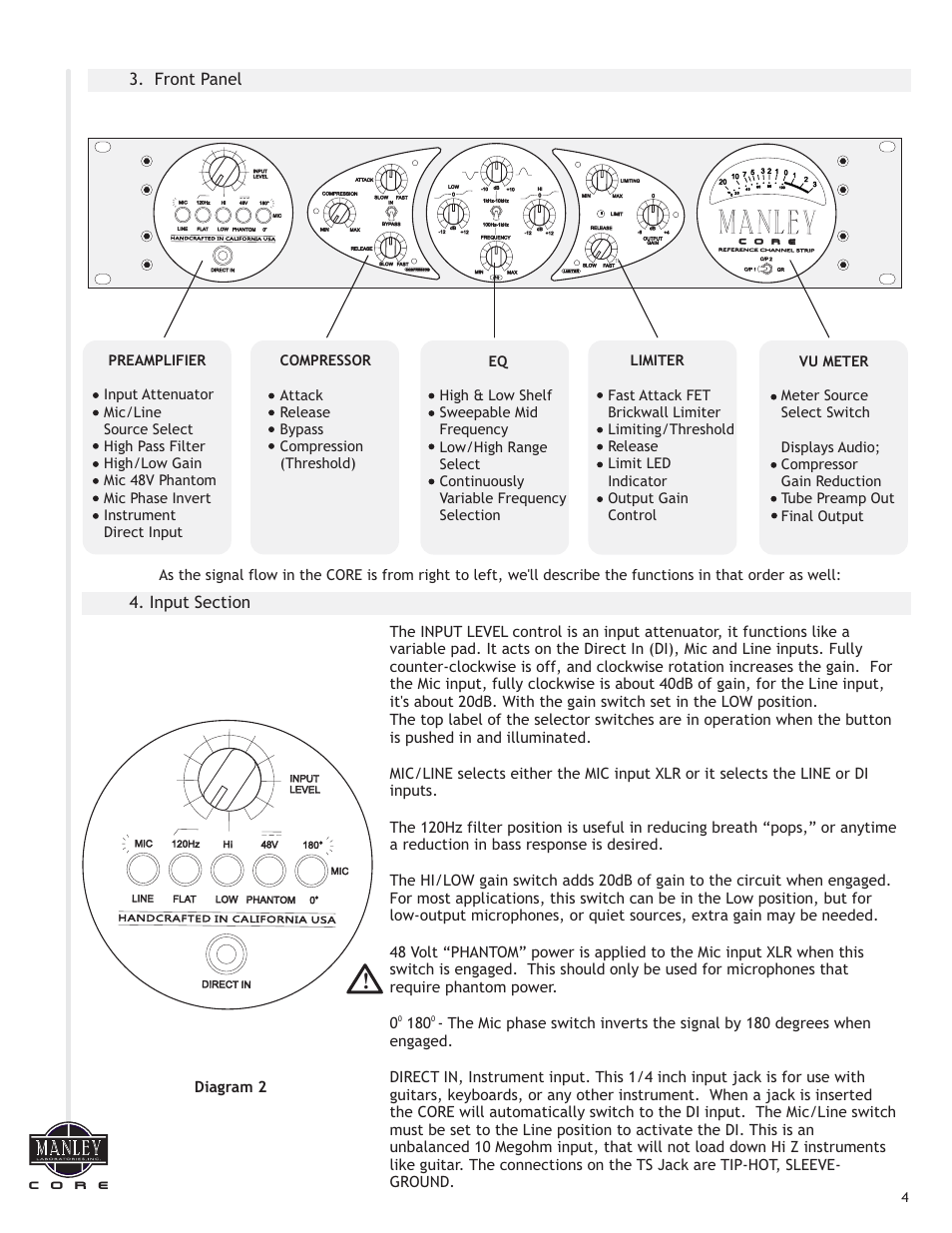 Front panel, Diagram 2, Co r e | Manley СORE REFERENCE CHANNEL STRIP - MCORE001-025 4/2014 - 5/2014 User Manual | Page 5 / 15