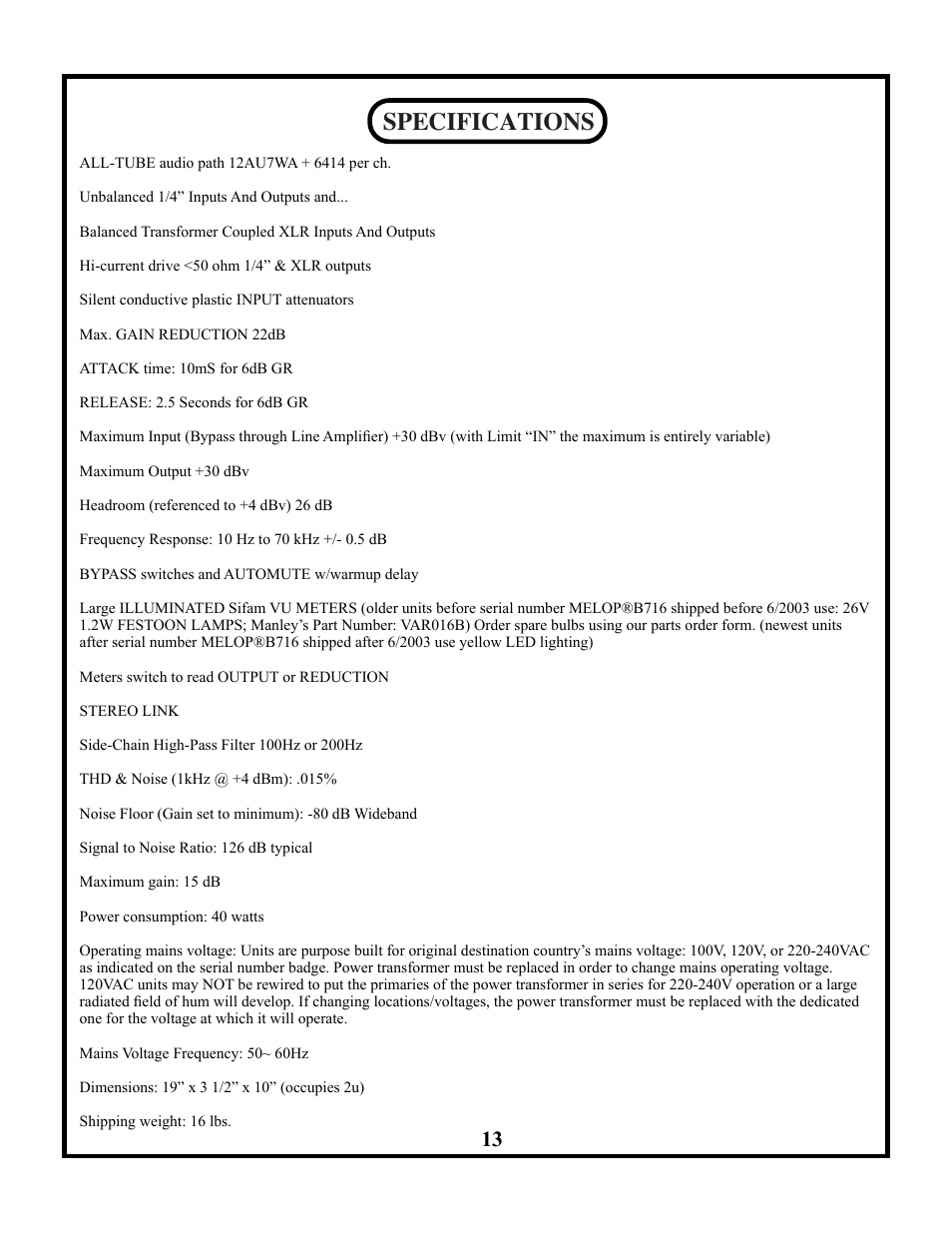 Specifications | Manley ELOP User Manual | Page 13 / 14