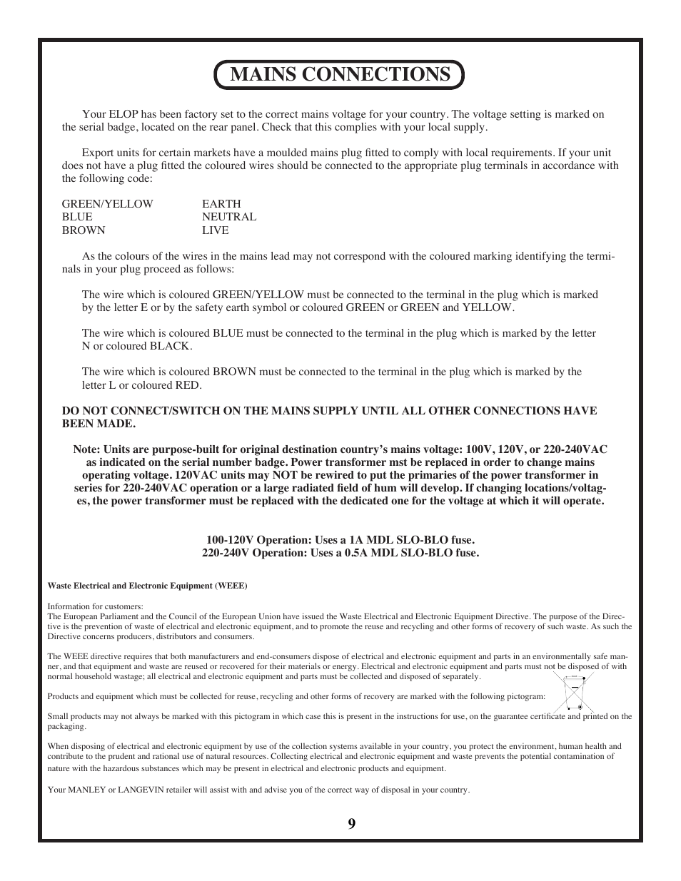 Mains connections | Manley ELOP User Manual | Page 9 / 14