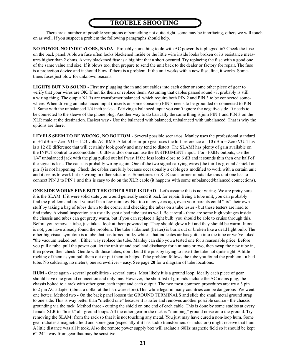 Trouble shooting | Manley SLAM! User Manual | Page 21 / 29