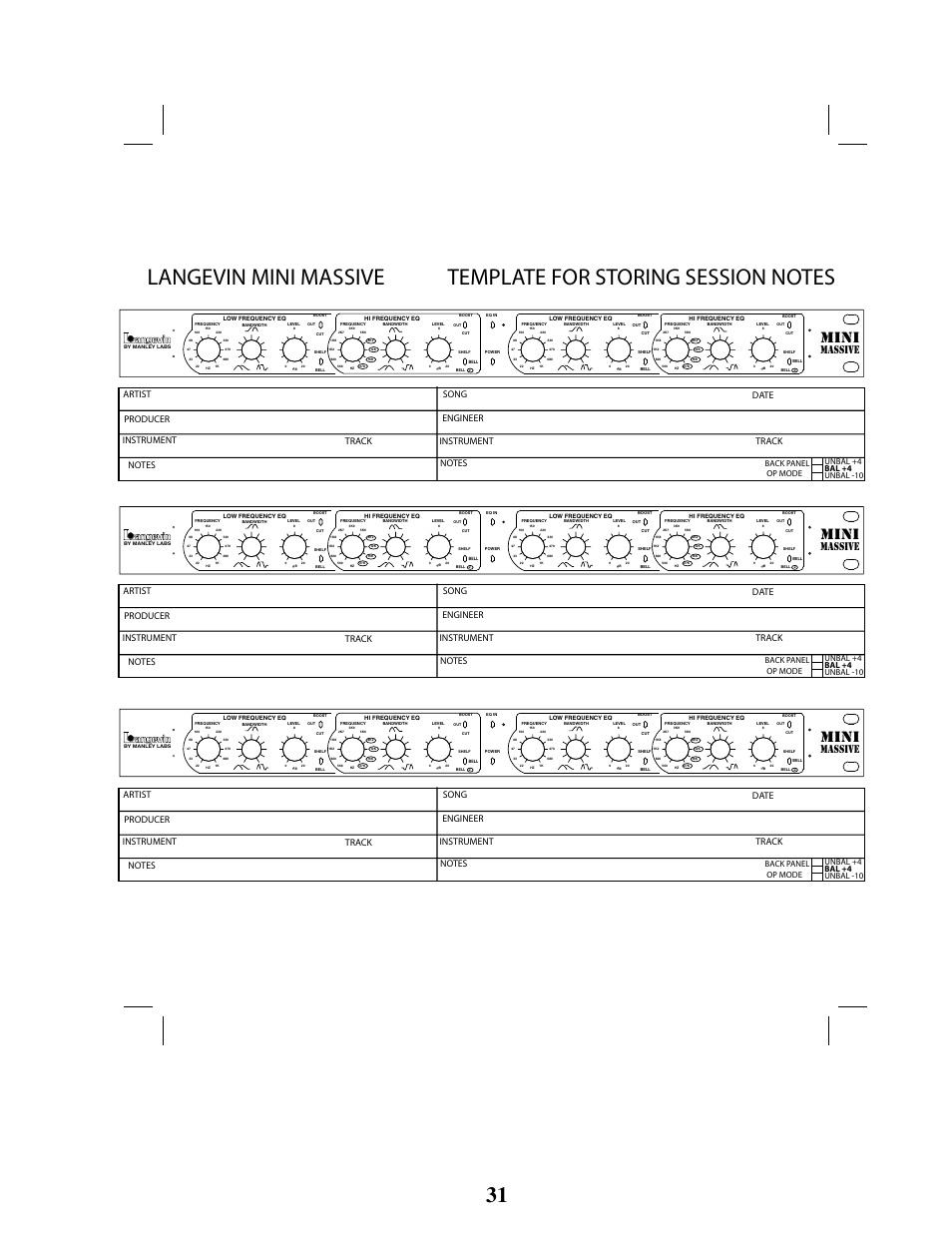 Njoj, Nbttjwf, Artist engineer producer date track instrument | Back panel op mode, Unbal -10 bal +4 unbal +4 | Manley LANGEVIN MINI MASSIVE STEREO EQ User Manual | Page 31 / 31