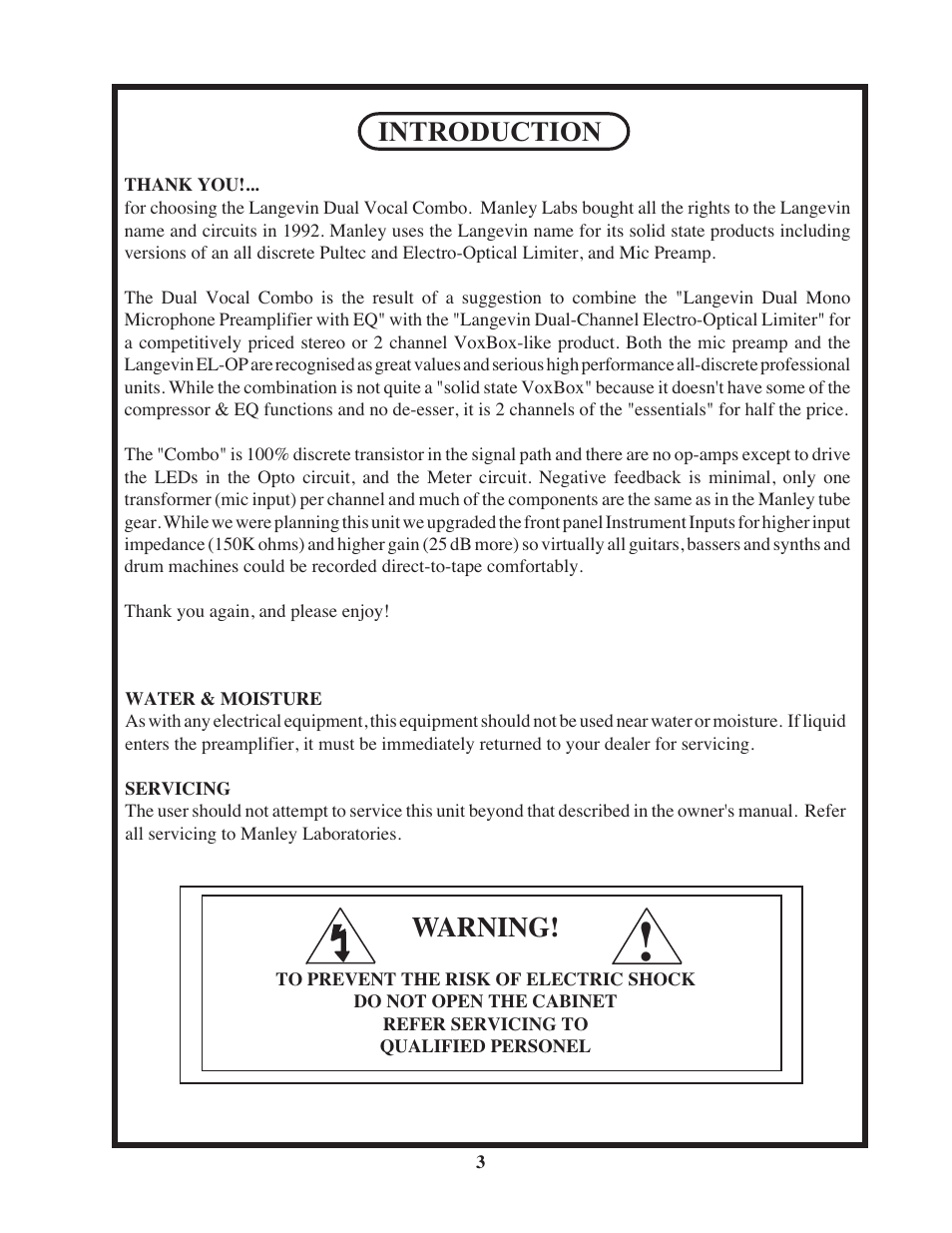 Introduction, Warning | Manley Langevin Dual Vocal Combo 4/2001 - present LDVCP179 and up User Manual | Page 3 / 22