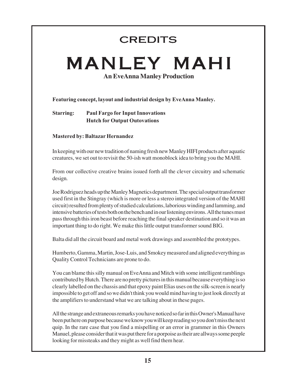 Manley mahi | Manley MAHI MONOBLOCK AMPLIFIER User Manual | Page 15 / 18
