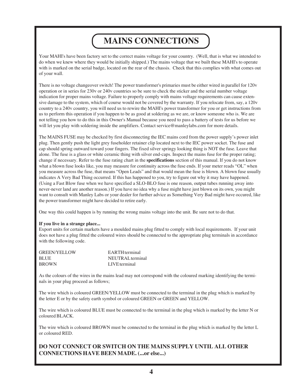 Mains connections | Manley MAHI MONOBLOCK AMPLIFIER User Manual | Page 4 / 18