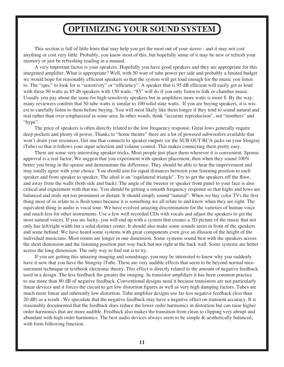 Optimizing your sound system | Manley Stingray iTube User Manual | Page 11 / 20