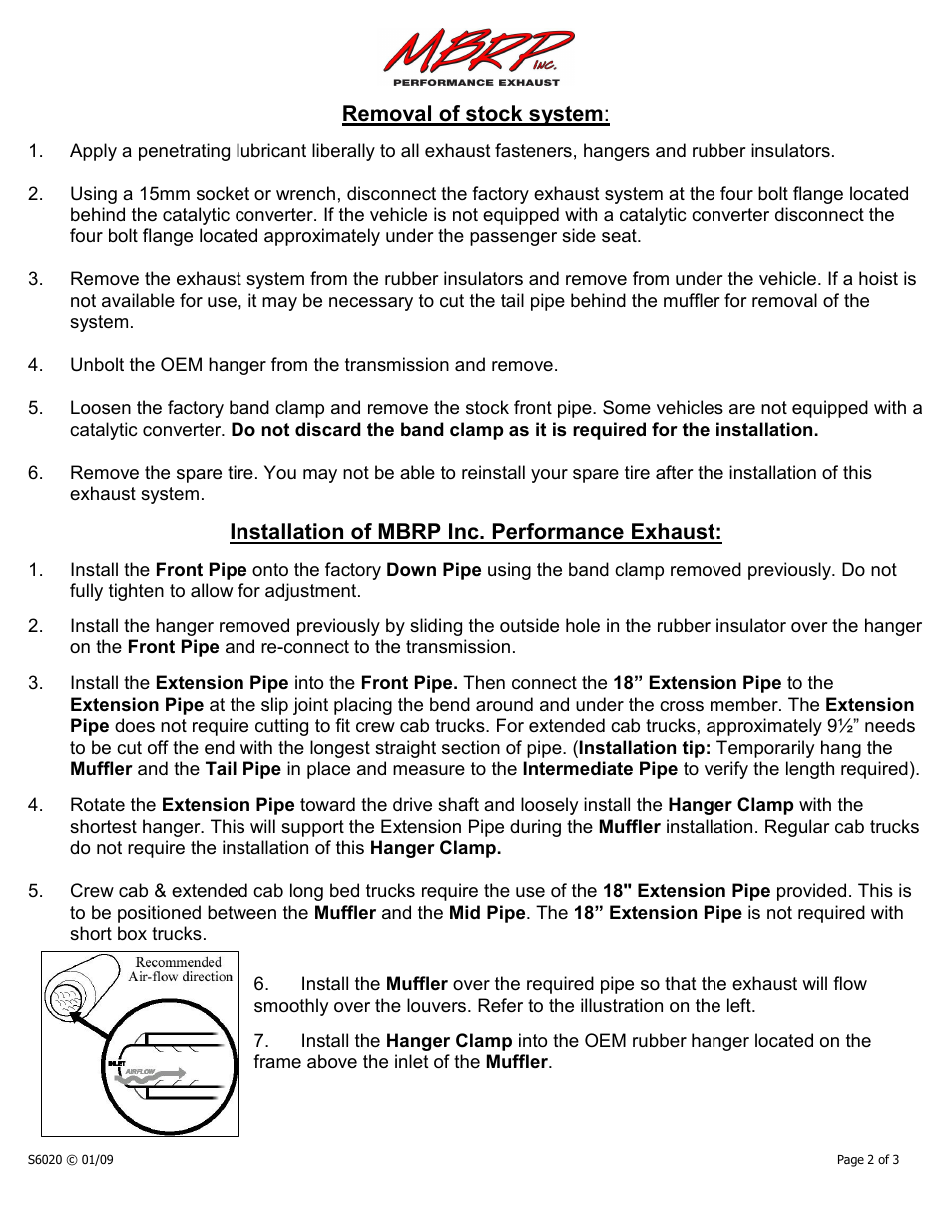Removal of stock system, Installation of mbrp inc. performance exhaust | MBRP S6020 User Manual | Page 2 / 3