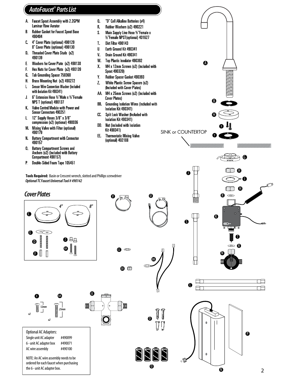 Autofaucet, Parts list, Cover plates | Rubbermaid 750355 User Manual | Page 2 / 8