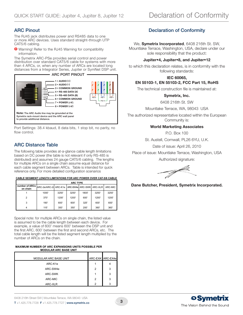 Declaration of conformity, Arc pinout, Arc distance table | Symetrix Jupiter User Manual | Page 3 / 4