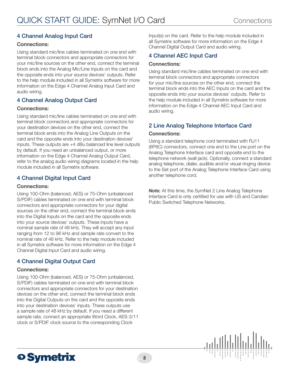 Quick start guide: symnet i/o card, Connections | Symetrix SymNet I/O Card User Manual | Page 3 / 4