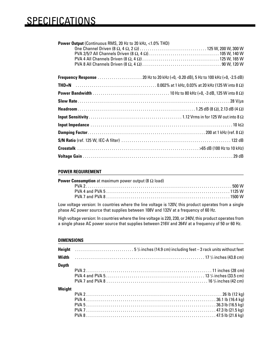Specifications | Anthem PVA 8 User Manual | Page 9 / 12