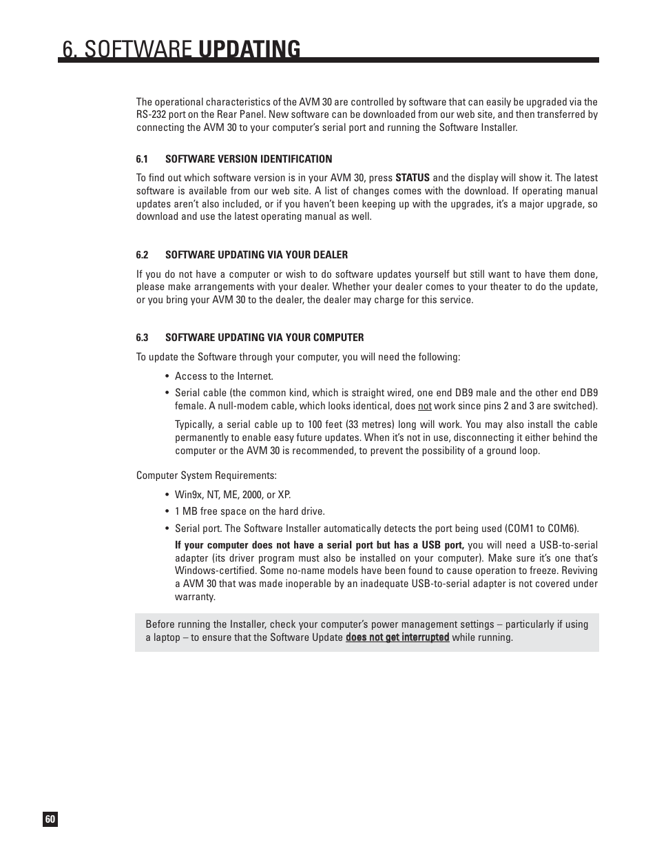 Software version identification, Software updating via your dealer, Software updating | Anthem AVM 30 User Manual | Page 68 / 84