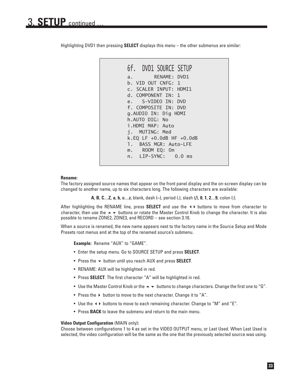 Setup, 6f. dvd1 source setup, Continued | Anthem AVM 50 User Manual | Page 41 / 102