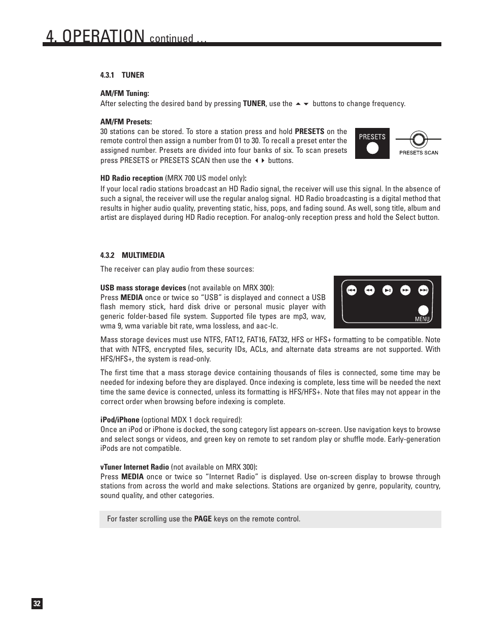 Tuner, Multimedia, Operation | Continued | Anthem MRX 700 User Manual | Page 40 / 52